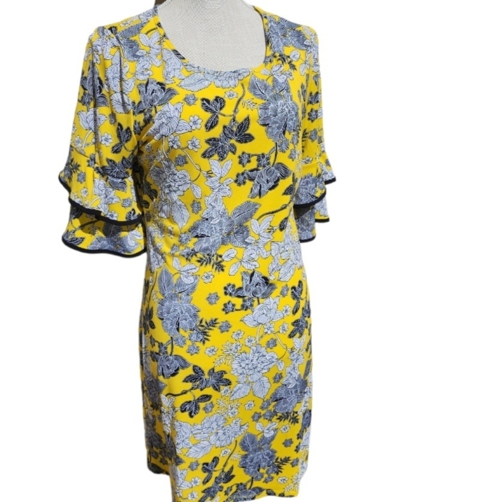 Tacera Dress Short Sleeve Ruffle Medium Yellow Black Floral Textured Stretch